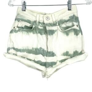 Zara Button Fly High Waisted Jean Shorts White Green Distressed Size 2